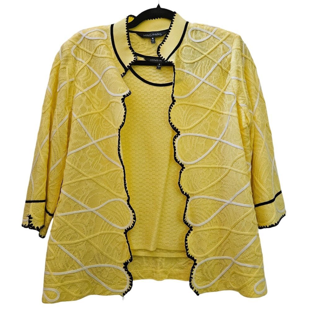 Ming Wang Knit Jacket Cardiga Tank Set Womens S M Yellow Black Trim 3/4 Sleeves